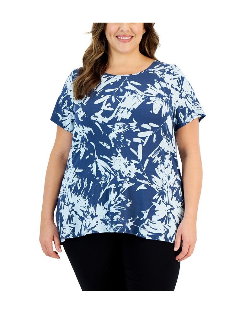 Plus Size Printed Short-Sleeve Side-Slit Top Blue $17.55 Tops