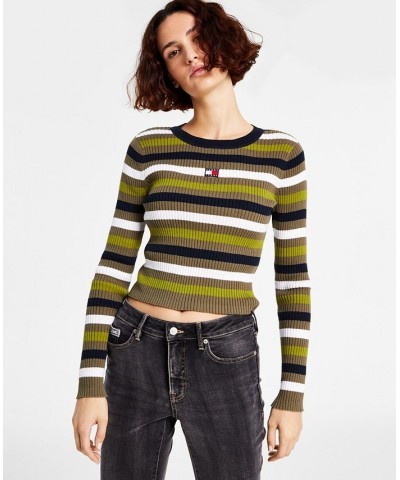 Women's Cotton Striped Ribbed Sweater Brown $21.77 Sweaters