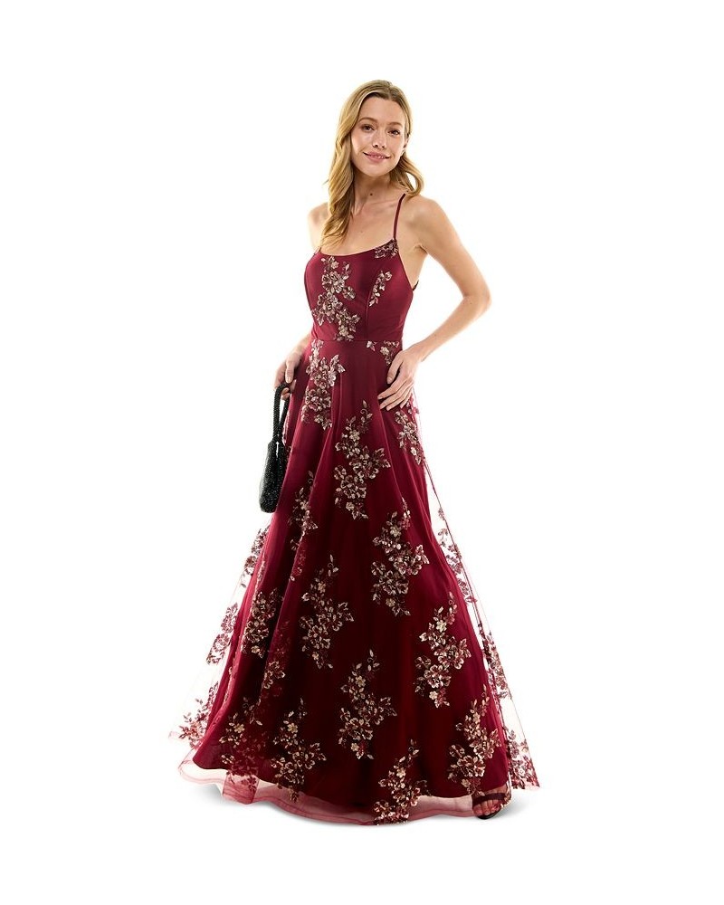 Juniors' Embroidered Sequin Sleeveless Gown Burgundy $45.60 Dresses