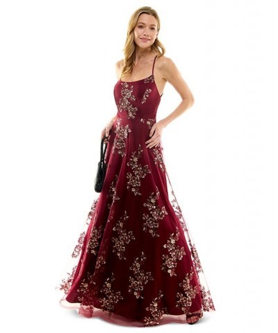 Juniors' Embroidered Sequin Sleeveless Gown Burgundy $45.60 Dresses