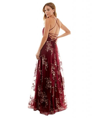 Juniors' Embroidered Sequin Sleeveless Gown Burgundy $45.60 Dresses