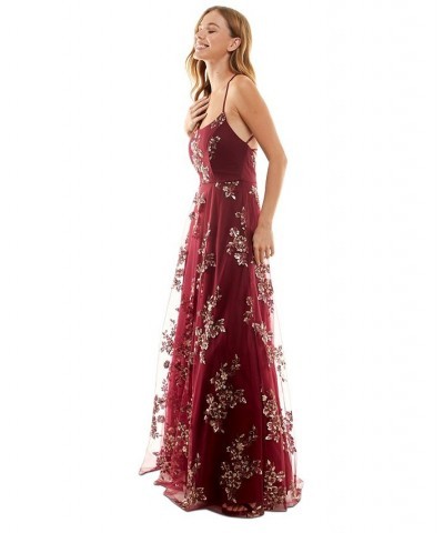 Juniors' Embroidered Sequin Sleeveless Gown Burgundy $45.60 Dresses