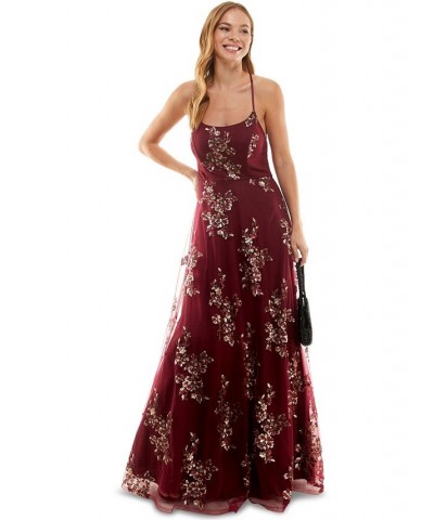 Juniors' Embroidered Sequin Sleeveless Gown Burgundy $45.60 Dresses