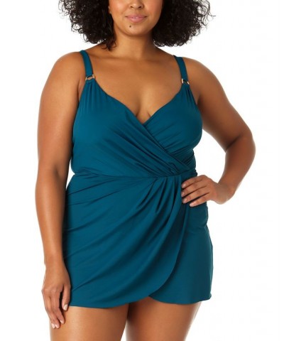 Plus Size Adjustable Surplice Swimdress Blue $45.14 Swimsuits