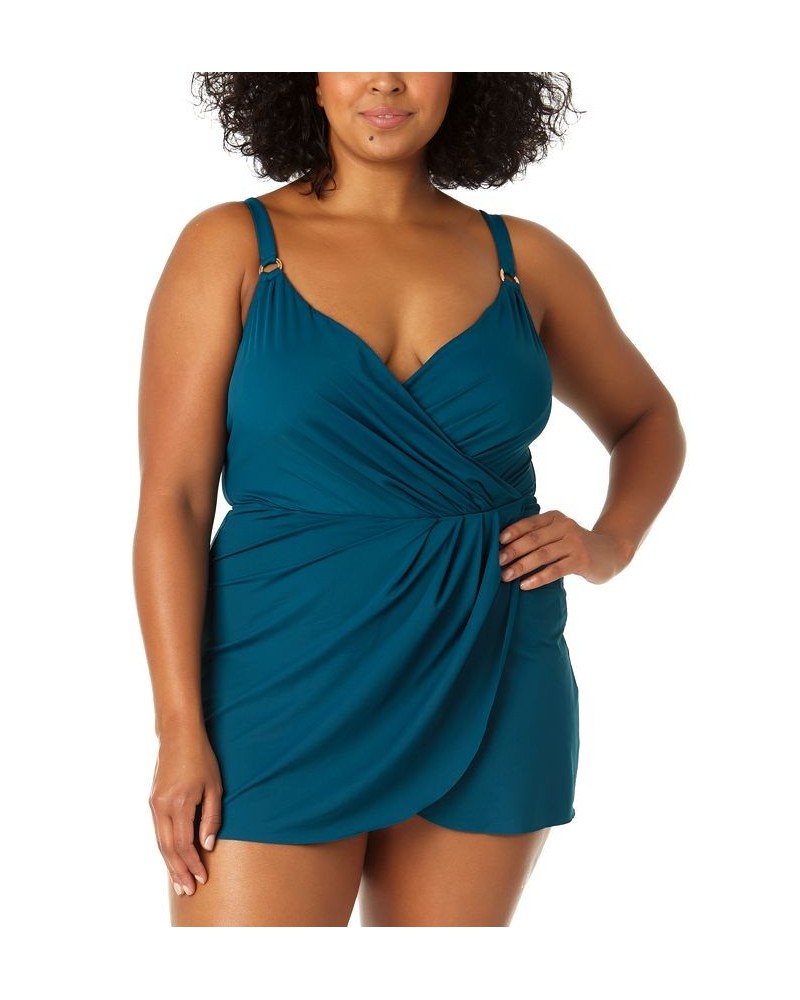 Plus Size Adjustable Surplice Swimdress Blue $45.14 Swimsuits