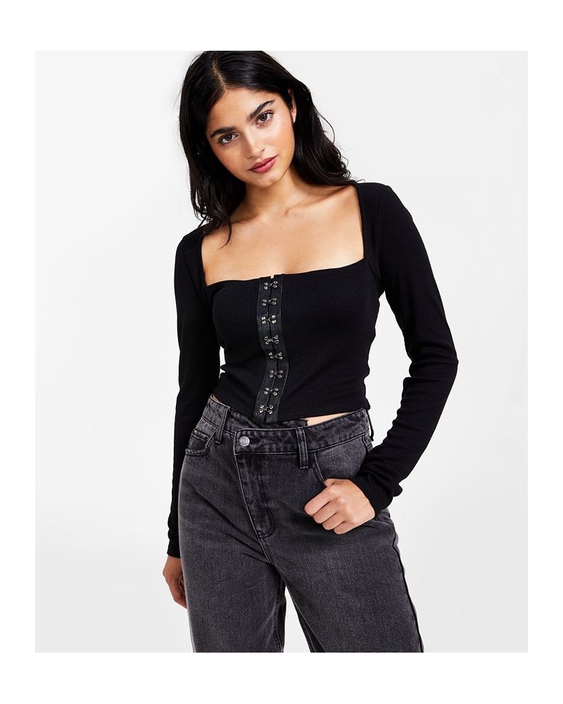 Women's Cropped Ribbed Long-Sleeve Corset Top Black $10.93 Tops