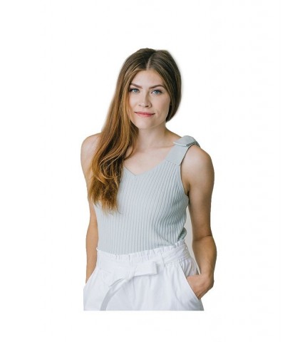 Womens' V-Neck Rib Knit Tank with Bow Blue $19.98 Sweaters