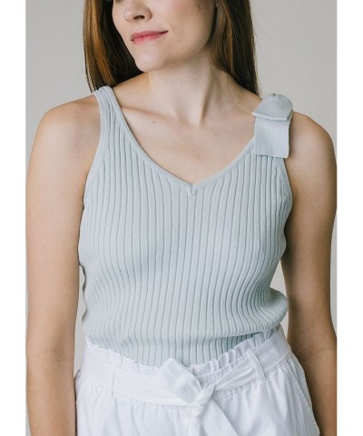 Womens' V-Neck Rib Knit Tank with Bow Blue $19.98 Sweaters