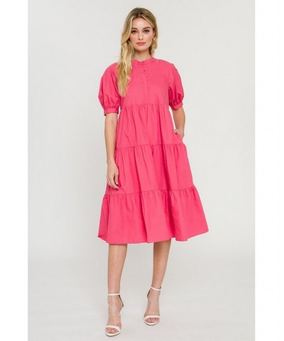 Women's Short Puff Sleeve Midi Dress Coral $47.00 Dresses