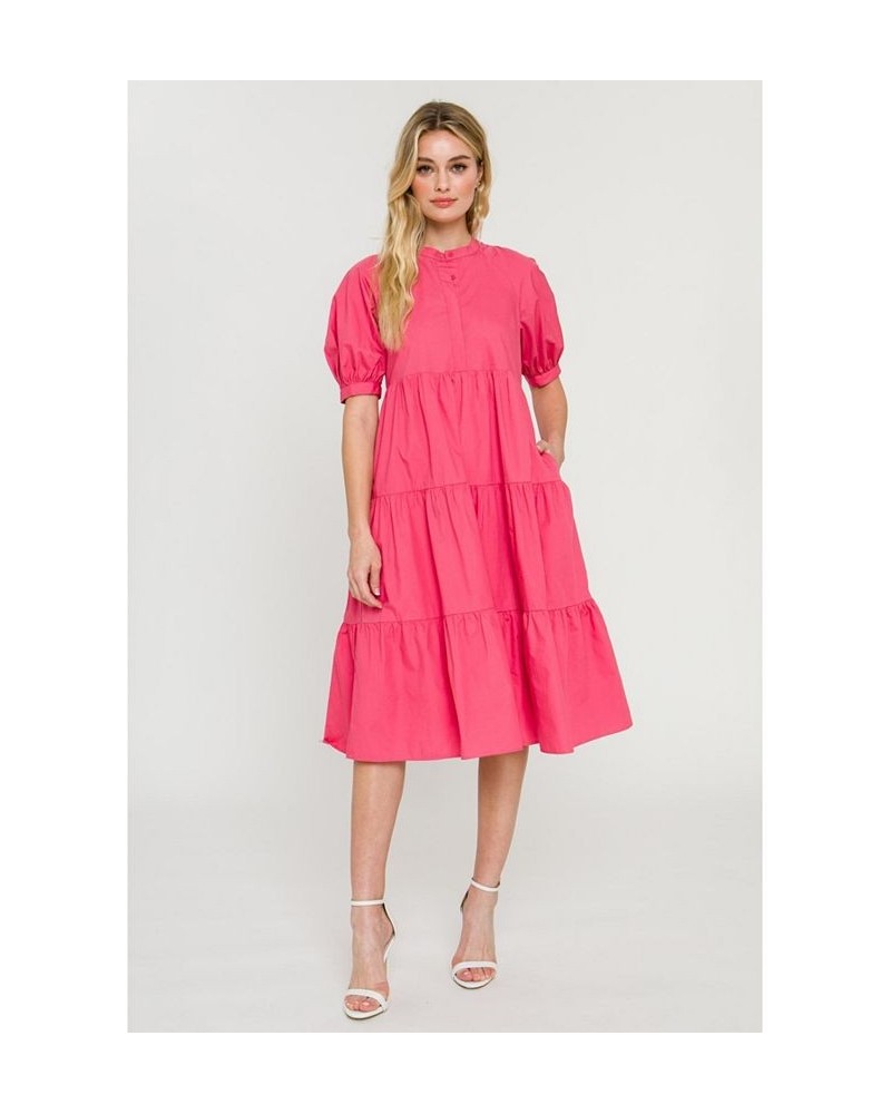 Women's Short Puff Sleeve Midi Dress Coral $47.00 Dresses