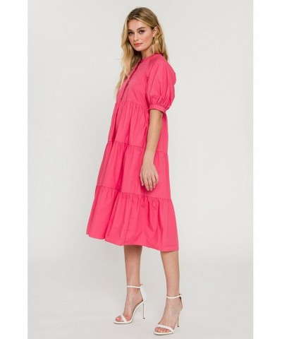 Women's Short Puff Sleeve Midi Dress Coral $47.00 Dresses