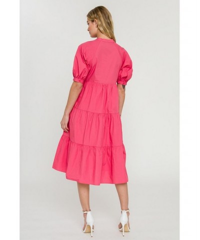 Women's Short Puff Sleeve Midi Dress Coral $47.00 Dresses