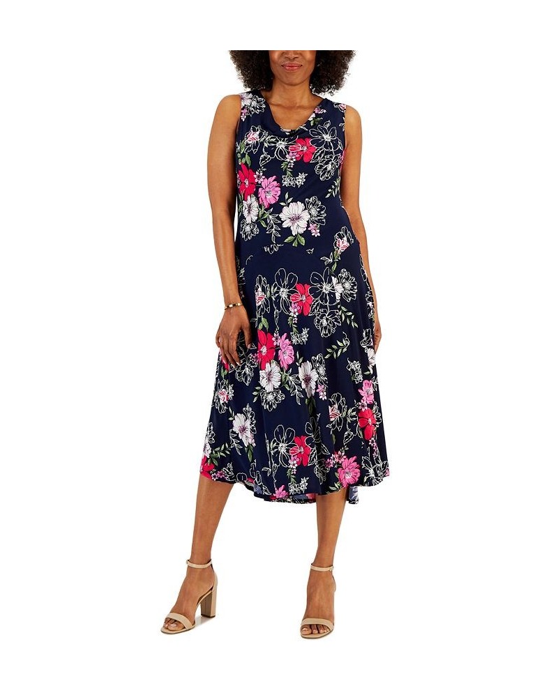 Petite Floral-Print A-Line Midi Dress Navy/Pink $40.29 Dresses