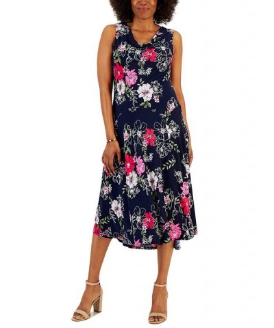 Petite Floral-Print A-Line Midi Dress Navy/Pink $40.29 Dresses