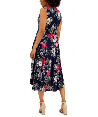 Petite Floral-Print A-Line Midi Dress Navy/Pink $40.29 Dresses