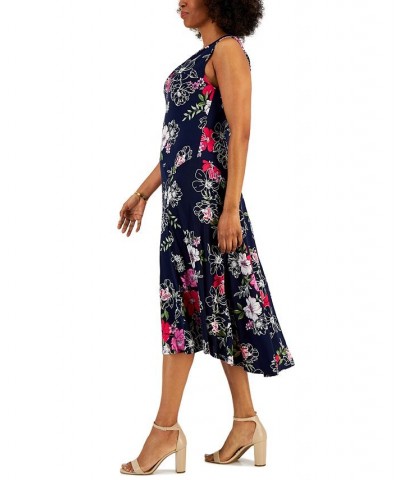 Petite Floral-Print A-Line Midi Dress Navy/Pink $40.29 Dresses