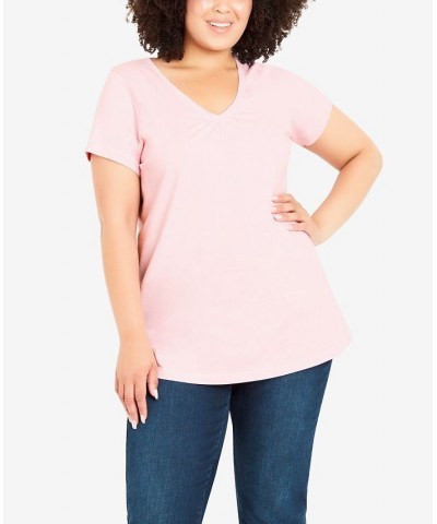 Plus Size Gathered V-neck Cotton Top Pink $30.09 Tops