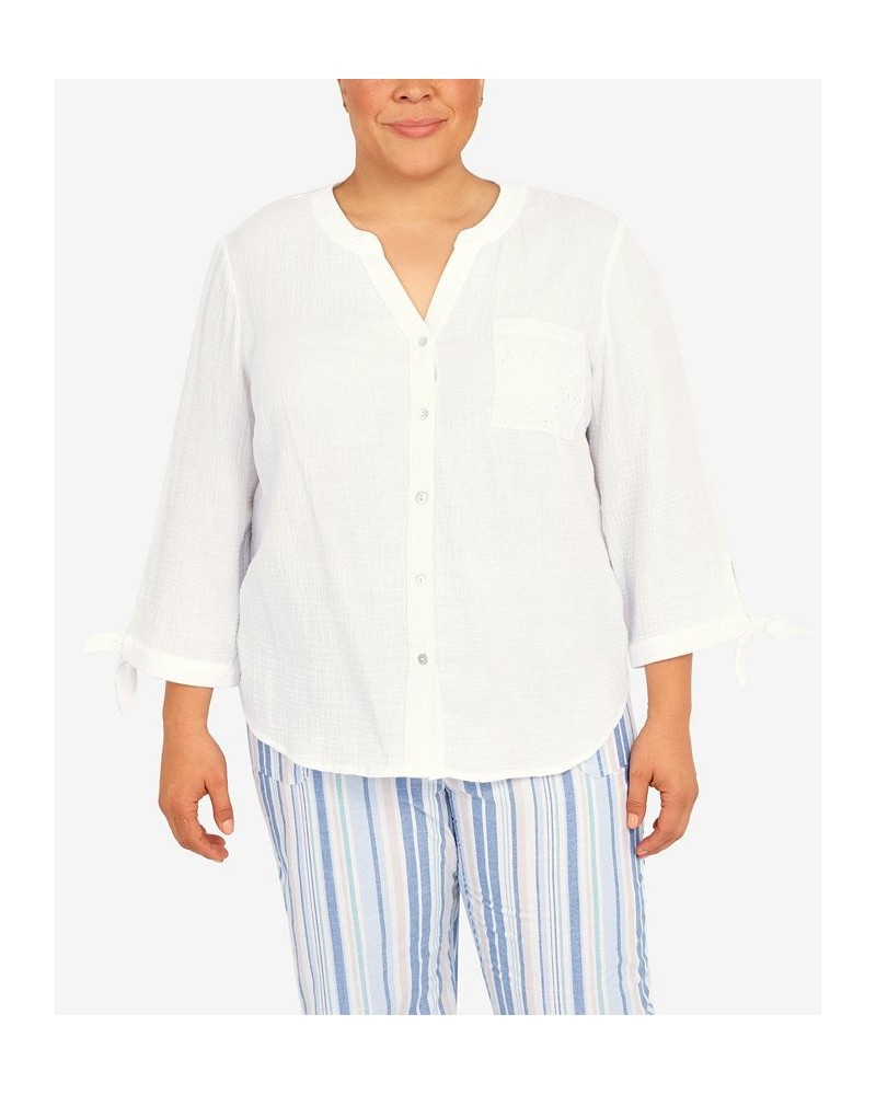 Plus Size Set Sail Gauze Tie Sleeve Button Down Top White $29.40 Tops