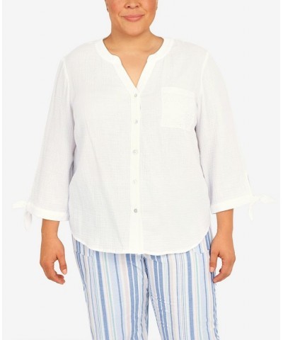 Plus Size Set Sail Gauze Tie Sleeve Button Down Top White $29.40 Tops