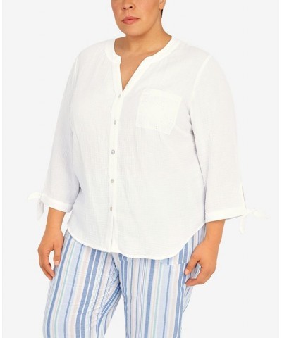 Plus Size Set Sail Gauze Tie Sleeve Button Down Top White $29.40 Tops