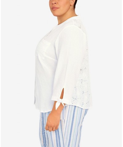 Plus Size Set Sail Gauze Tie Sleeve Button Down Top White $29.40 Tops