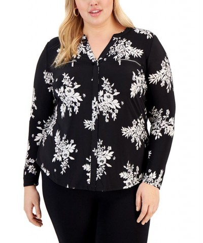 Plus Size Floral-Print Zip-Pocket Top Johanna Bouquet $21.13 Tops