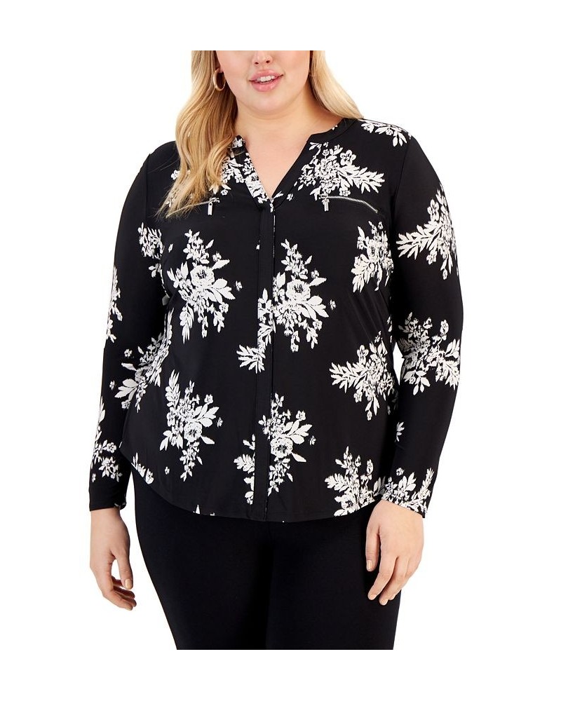 Plus Size Floral-Print Zip-Pocket Top Johanna Bouquet $21.13 Tops