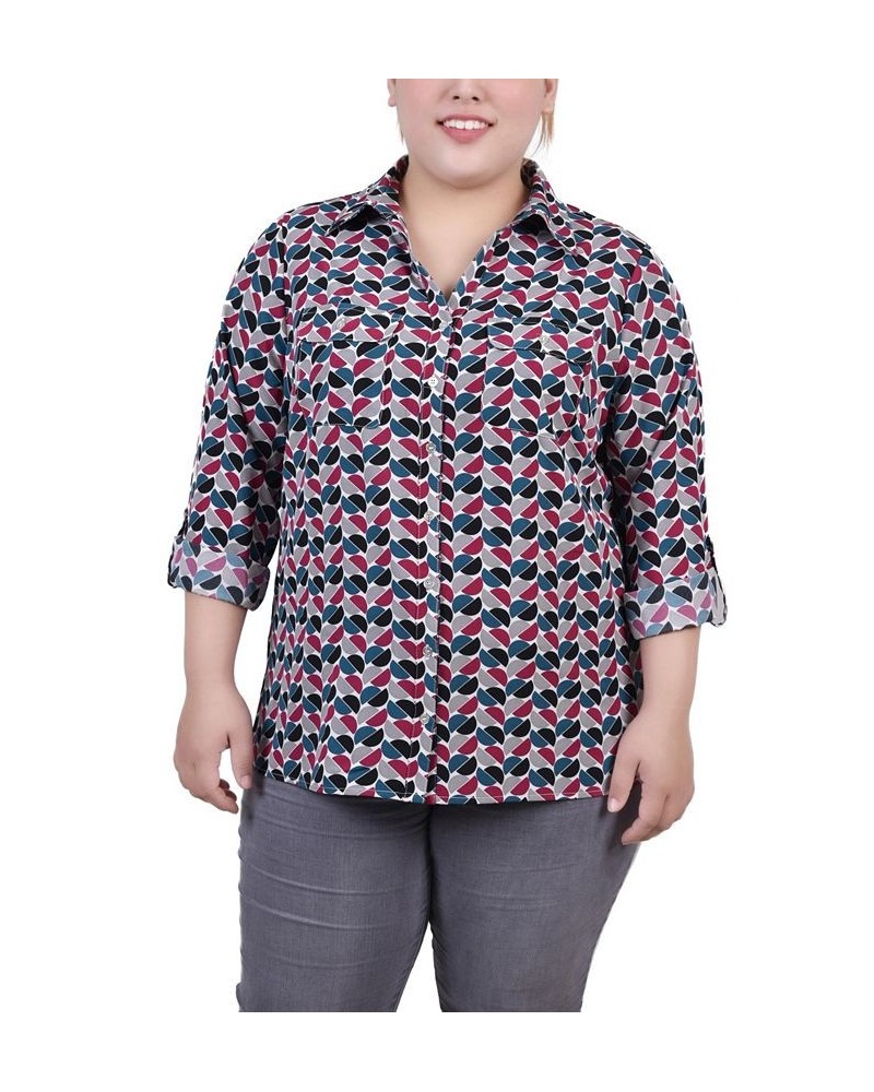 Plus Size 3/4 Sleeve Roll Tab Notch Collar Blouse Beet Red/White Half Ball Geo $16.64 Tops