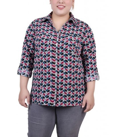 Plus Size 3/4 Sleeve Roll Tab Notch Collar Blouse Beet Red/White Half Ball Geo $16.64 Tops