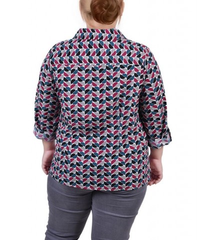 Plus Size 3/4 Sleeve Roll Tab Notch Collar Blouse Beet Red/White Half Ball Geo $16.64 Tops