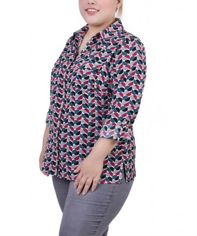 Plus Size 3/4 Sleeve Roll Tab Notch Collar Blouse Beet Red/White Half Ball Geo $16.64 Tops