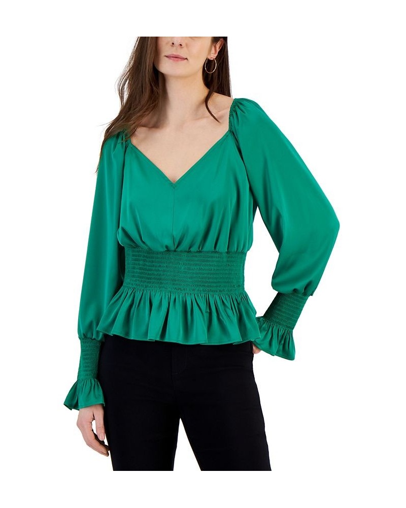 Women's V-Neck Smocked Blouse Green $25.06 Tops