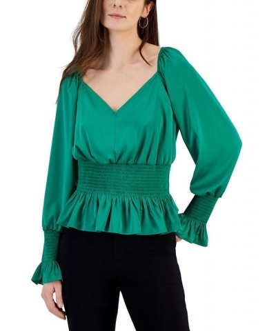 Women's V-Neck Smocked Blouse Green $25.06 Tops