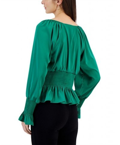 Women's V-Neck Smocked Blouse Green $25.06 Tops