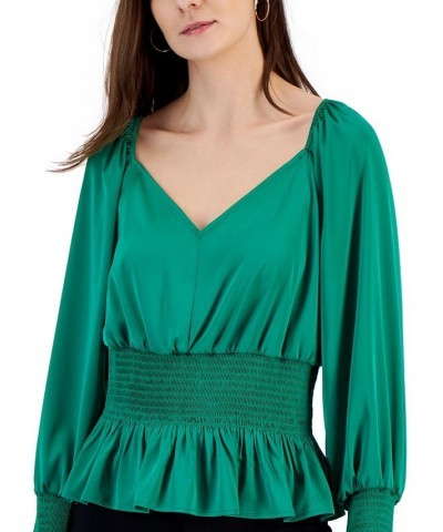 Women's V-Neck Smocked Blouse Green $25.06 Tops