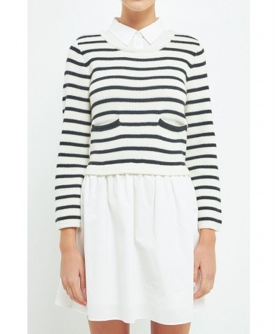 Women's Knit Stripe Mixed Media Dress Black/cream $68.60 Dresses