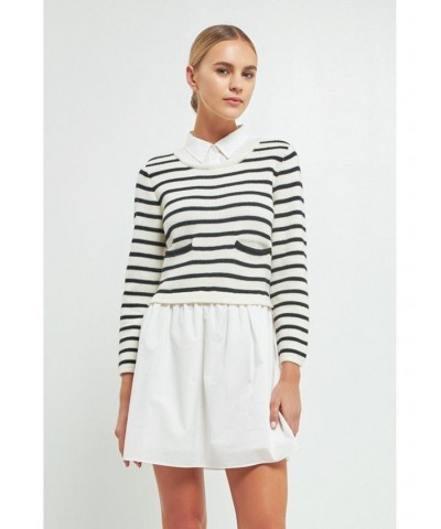 Women's Knit Stripe Mixed Media Dress Black/cream $68.60 Dresses