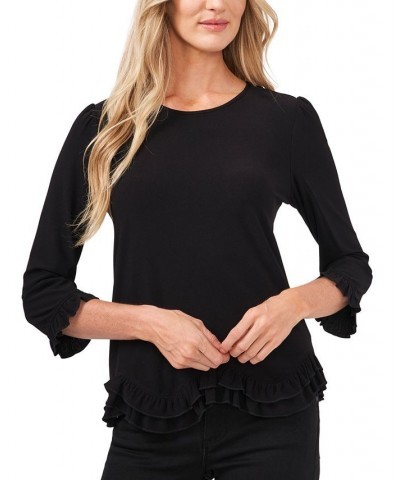 Women's 3/4 Sleeve Ruffle-Hem Knit Top Rich Black $19.66 Tops