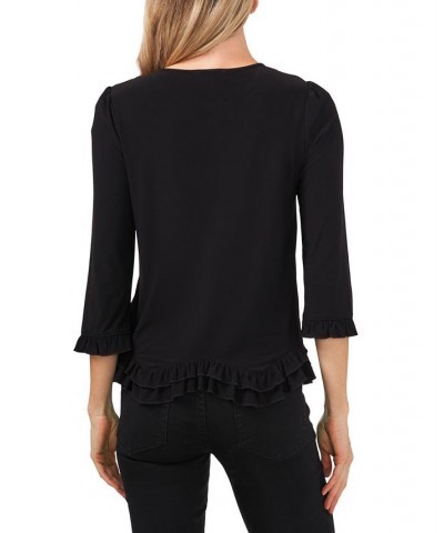 Women's 3/4 Sleeve Ruffle-Hem Knit Top Rich Black $19.66 Tops