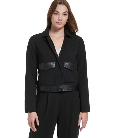 Women's Faux Leather Trim Zip Front Jacket Black $21.25 Jackets