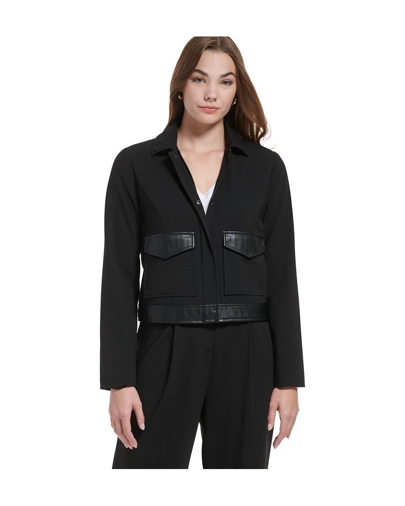 Women's Faux Leather Trim Zip Front Jacket Black $21.25 Jackets