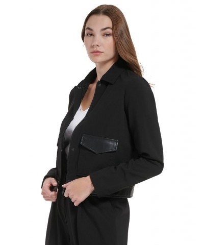 Women's Faux Leather Trim Zip Front Jacket Black $21.25 Jackets