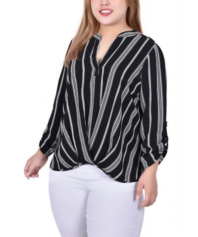 Plus Size 3/4 Sleeve Mandarin Collar Blouse with Front Pleats Black White Stripe $15.77 Tops