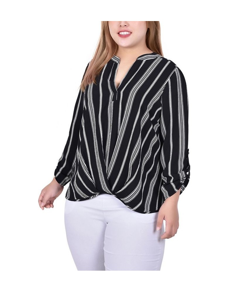 Plus Size 3/4 Sleeve Mandarin Collar Blouse with Front Pleats Black White Stripe $15.77 Tops