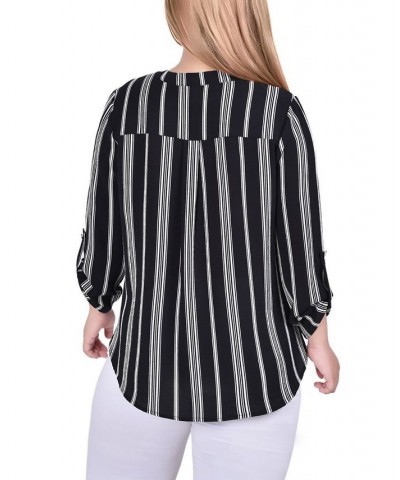 Plus Size 3/4 Sleeve Mandarin Collar Blouse with Front Pleats Black White Stripe $15.77 Tops