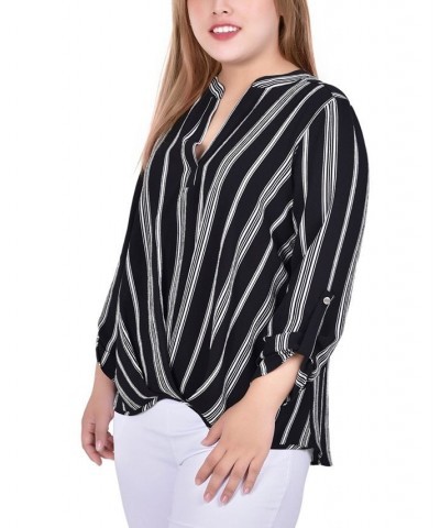 Plus Size 3/4 Sleeve Mandarin Collar Blouse with Front Pleats Black White Stripe $15.77 Tops