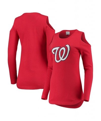 Women's Red Washington Nationals Logo Cold Shoulder Sweater Red $35.69 Sweaters