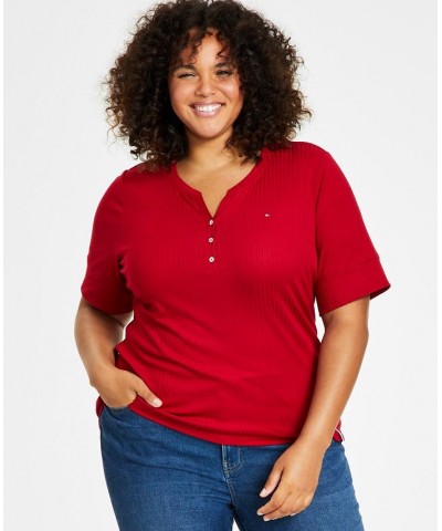 Plus Size Ribbed Henley Top Red $17.49 Tops