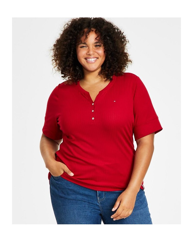 Plus Size Ribbed Henley Top Red $17.49 Tops