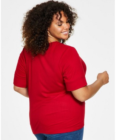 Plus Size Ribbed Henley Top Red $17.49 Tops